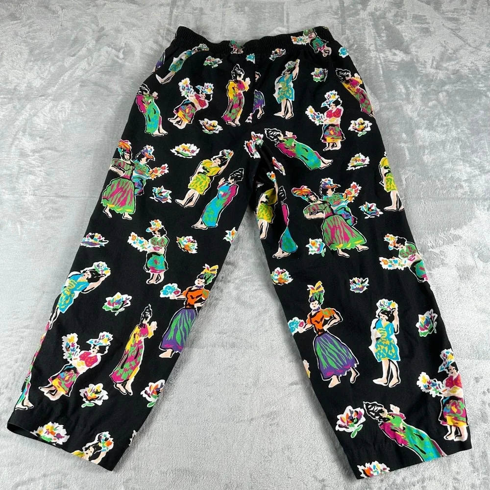 VTG Alexander Campbell Pants Women 8 Black Cropped Novelty Art Print Hula Dancer